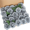 A box filled with realistic gray foam rose artificial flowers for weddings and home decor