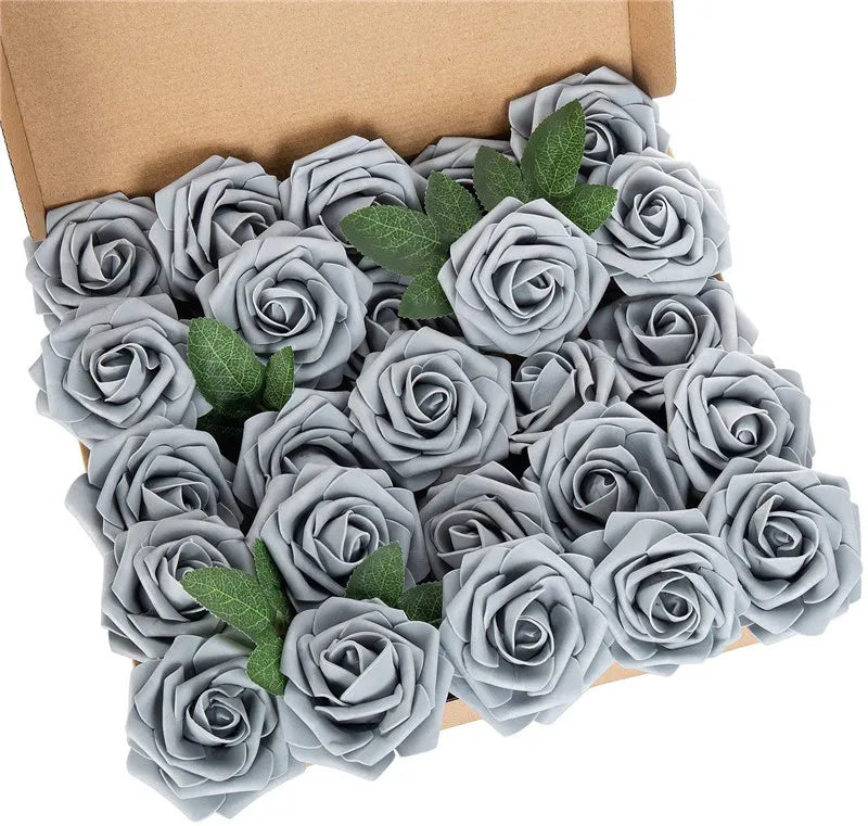 A box filled with realistic gray foam rose artificial flowers for weddings and home decor
