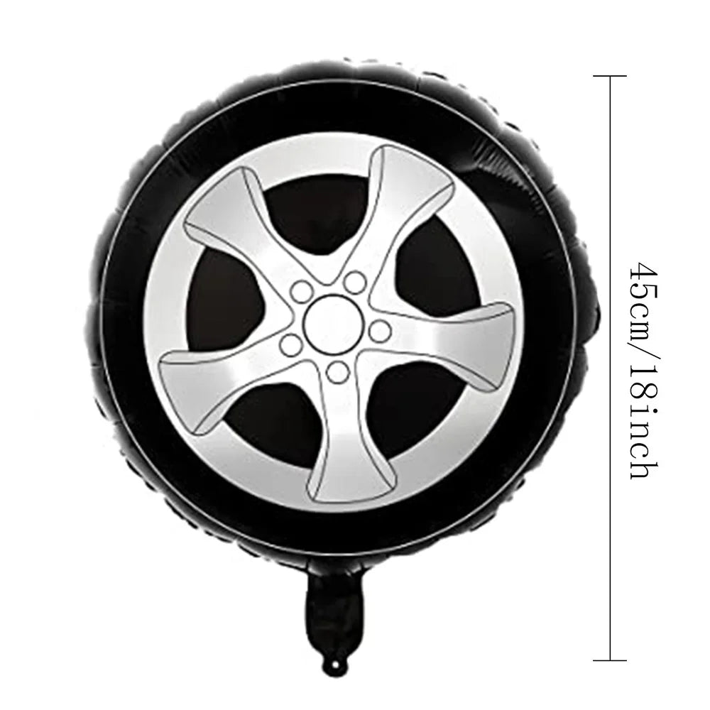 Black inflatable race car number balloon with a silver wheel design and measurement lines.