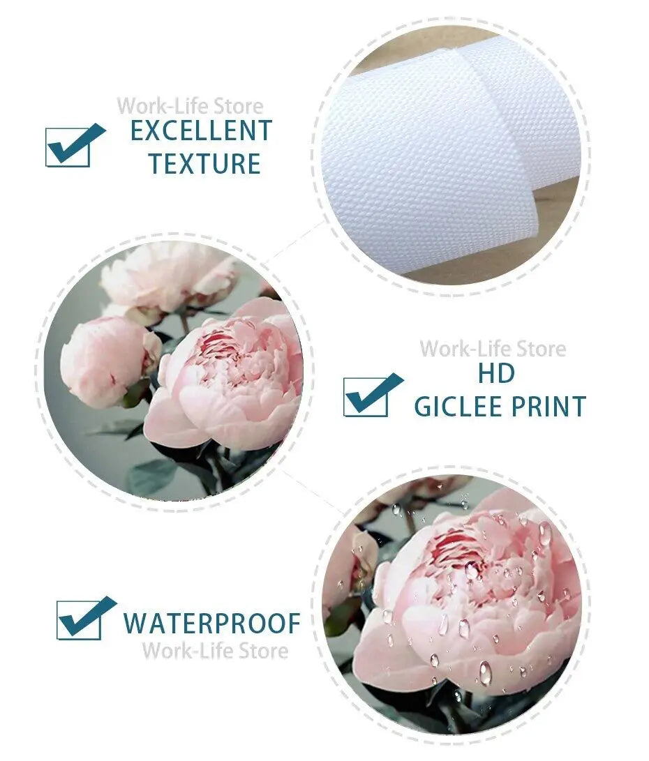 A set of white silicone pads and a pink rose flower demonstrating excellent texture, HD giclee print, and waterproof properti