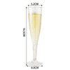 A tall, clear plastic champagne flute with a sparkling yellow liquid, shown with dimensions.