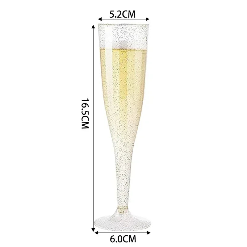 A tall, clear plastic champagne flute with a sparkling yellow liquid, shown with dimensions.