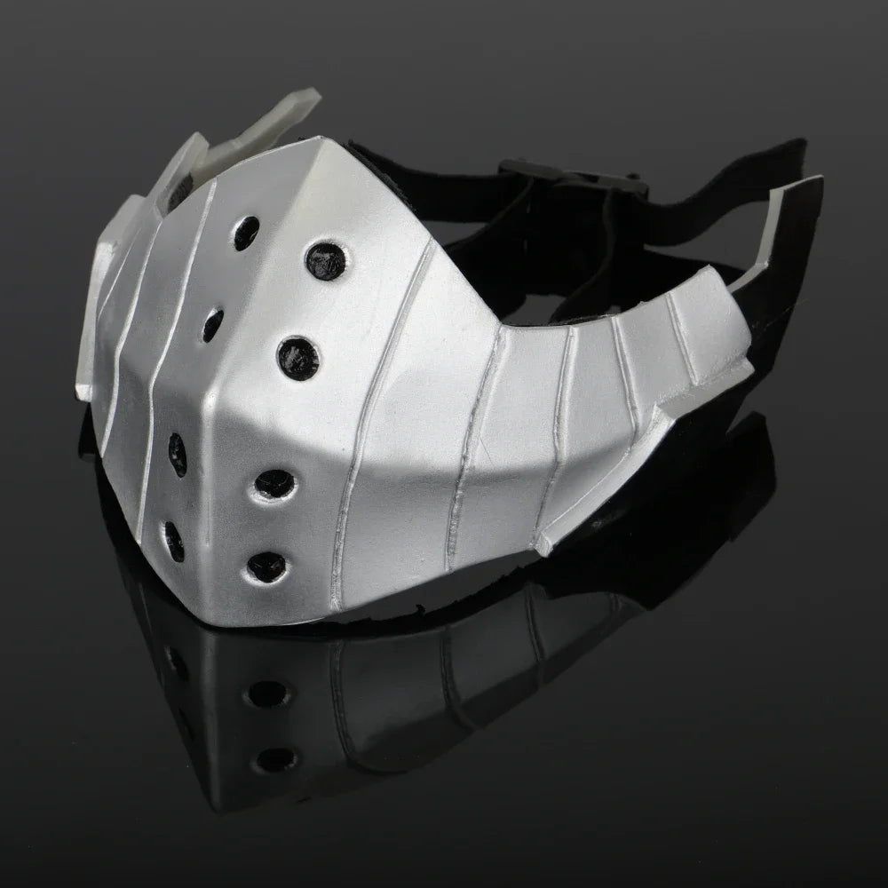 A silver-colored cosplay mask resembling Midoriya Izuku, shown in a profile view.