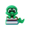 A green silicone plant bead shaped like a cute frog with large eyes and a small pink mouth.