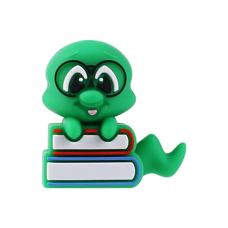 A green silicone plant bead shaped like a cute frog with large eyes and a small pink mouth.