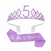 A purple tiara crown and sash set with the number 5 for a birthday celebration.