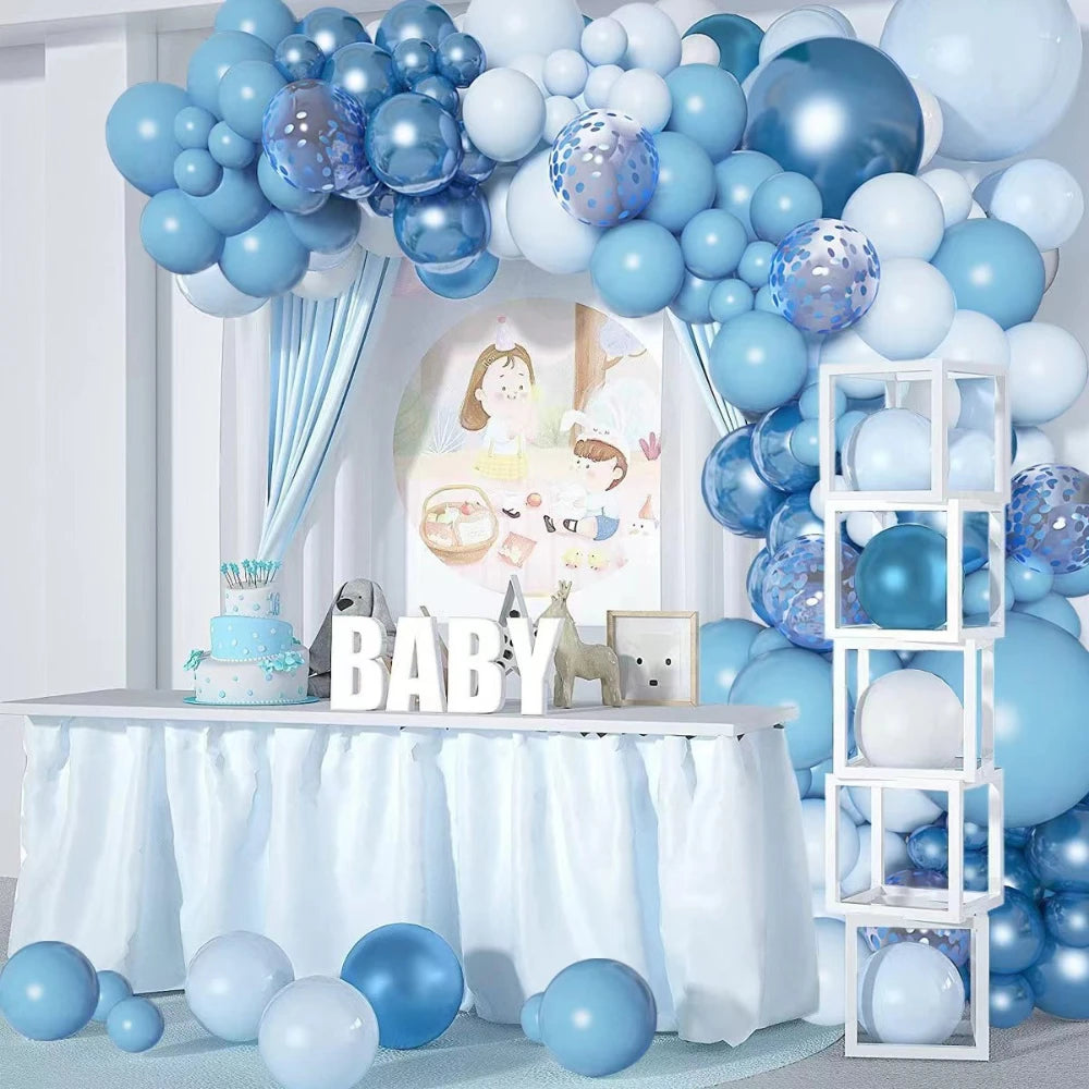 A blue latex balloon garland kit featuring balloons in various shades of blue and white, displayed on a table.