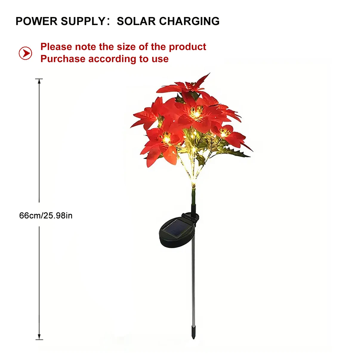 A tall, slender solar-powered garden light featuring bright red poinsettia flowers for Christmas decoration.