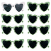 A set of heart-shaped sunglasses in a light green frame with dark lenses.
