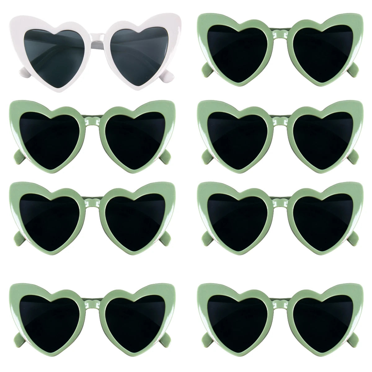 A set of heart-shaped sunglasses in a light green frame with dark lenses.