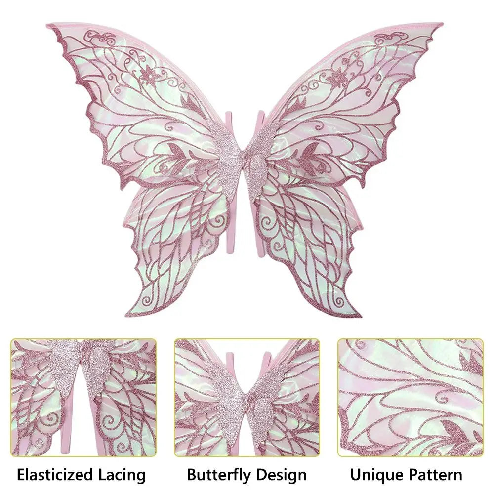 Pink iridescent fairy wings featuring an intricate floral design and delicate lace.