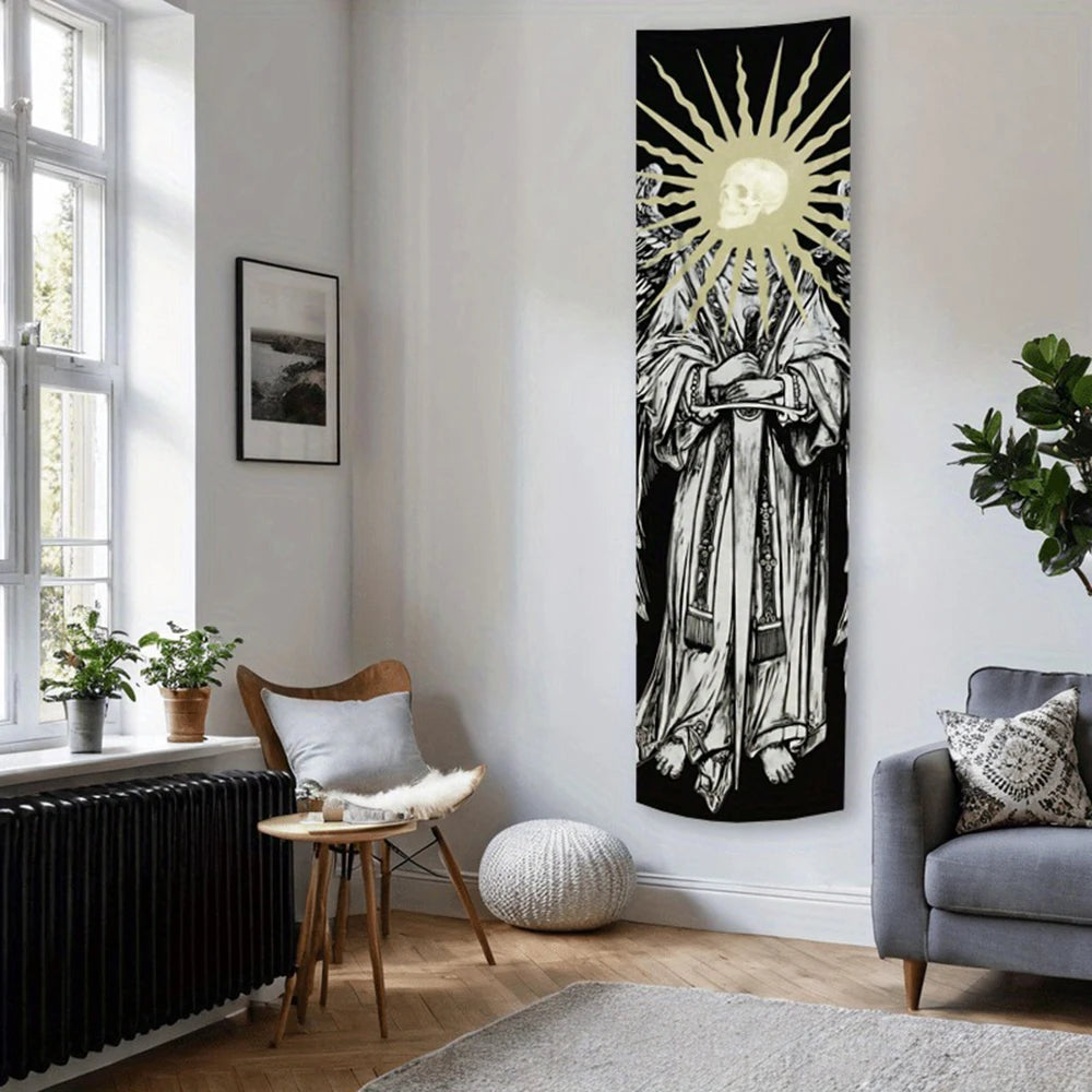 A black and white tapestry wall hanging depicting a skull with radiating sun rays.