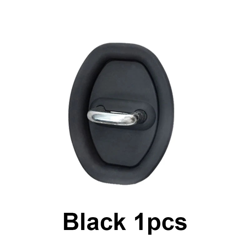 Black silicone car door lock protector with a silver latch.