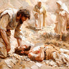 Peinture représentant une scène biblique avec des figures, dont un homme allongé et d'autres debout, rendue dans des tons ter