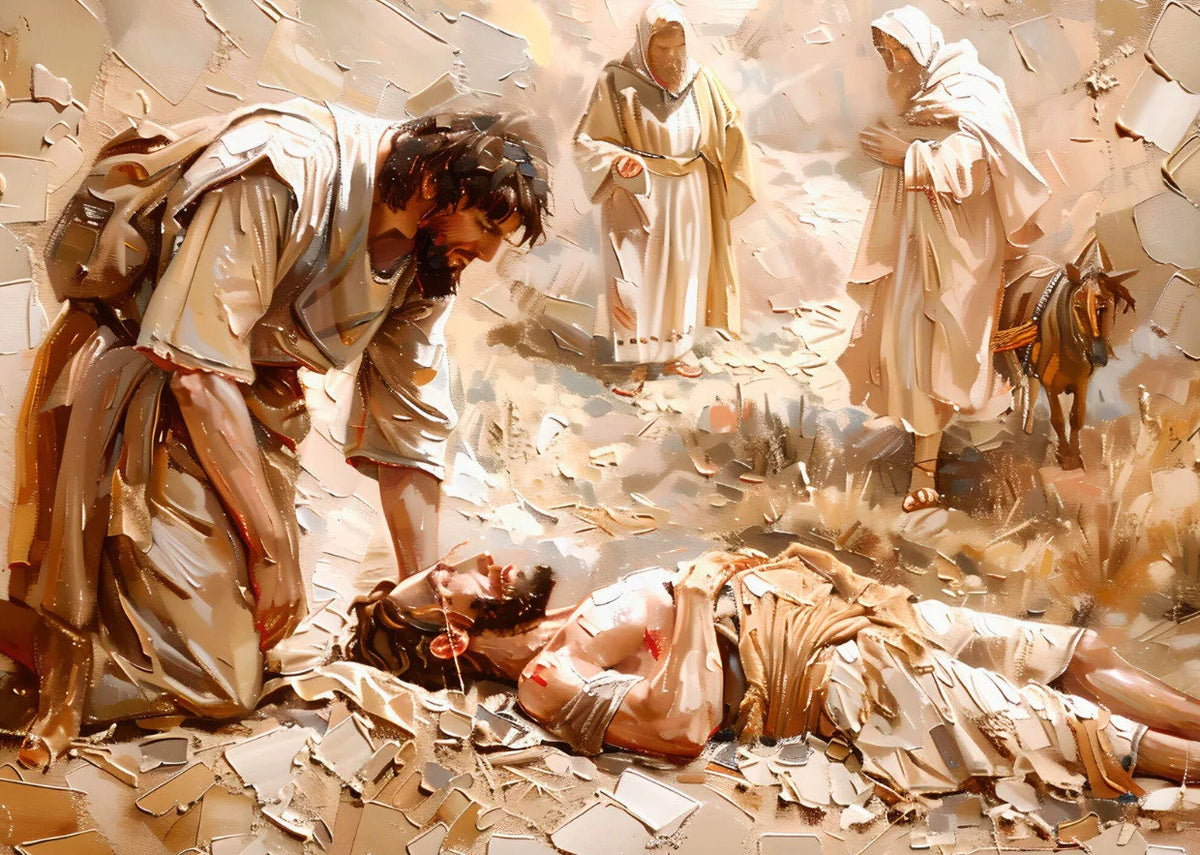 Peinture représentant une scène biblique avec des figures, dont un homme allongé et d'autres debout, rendue dans des tons ter