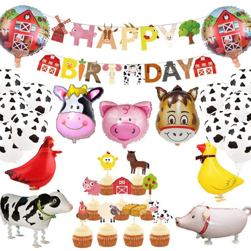 A colorful farm ranch birthday party decoration kit featuring animal figures, balloons, and tableware.