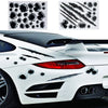 A white sports car features black bullet hole decals on the hood and rear, with a close-up of the front bumper.