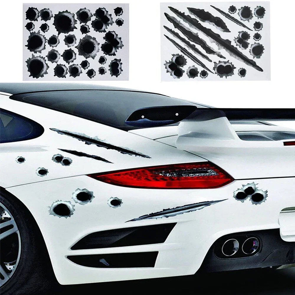 A white sports car features black bullet hole decals on the hood and rear, with a close-up of the front bumper.