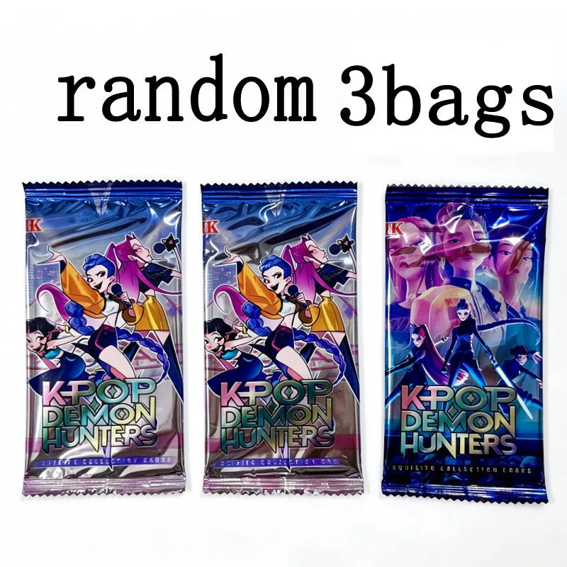 Three sealed bags of K-Pop Demon Hunters collectible cards displayed on a white background.