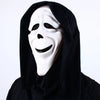 A white screaming skeleton horror mask with a black hood is displayed against a white background.