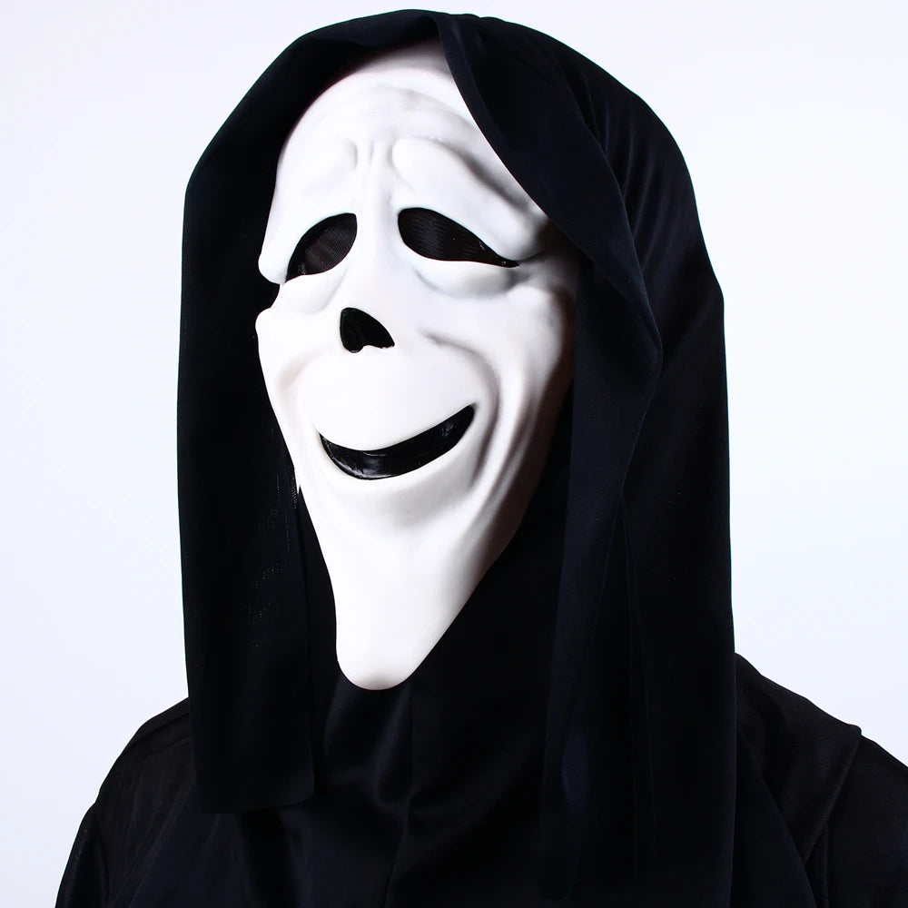 A white screaming skeleton horror mask with a black hood is displayed against a white background.