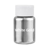 Silver glass jar with a white cap containing White Gold glitter dust for cakes and pastries