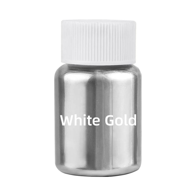 Silver glass jar with a white cap containing White Gold glitter dust for cakes and pastries