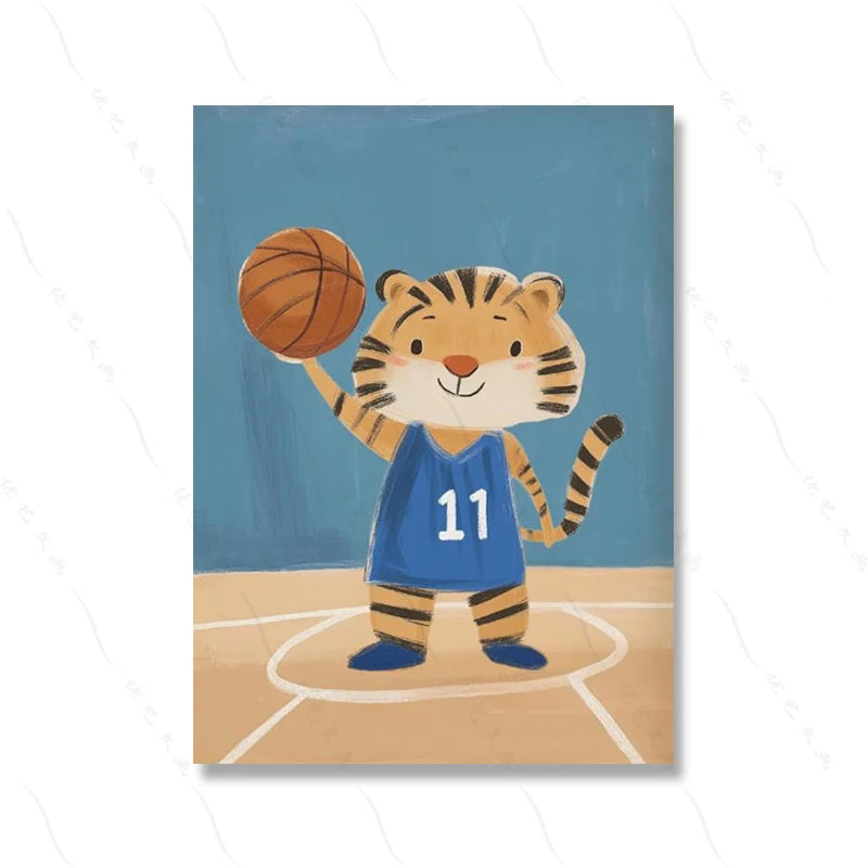 A cute tiger mascot wearing a blue jersey and holding a basketball on a wooden court.