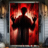 A dark silhouette of a figure with outstretched hands is displayed on a red background through a wire mesh window.