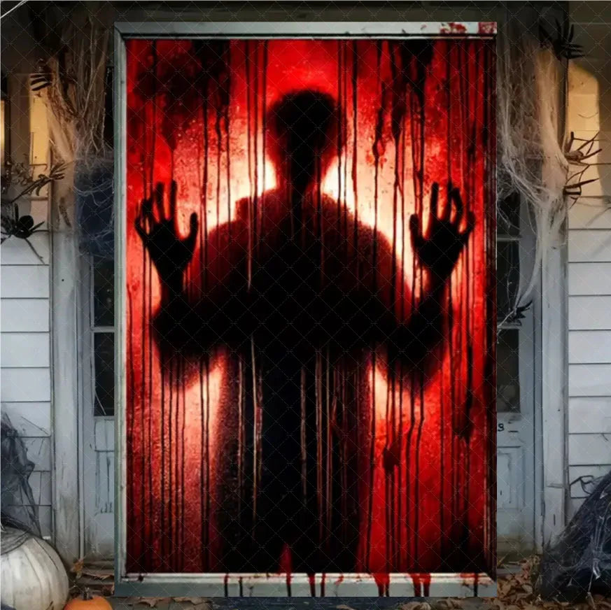 A dark silhouette of a figure with outstretched hands is displayed on a red background through a wire mesh window.