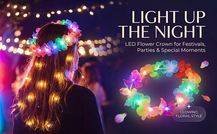 A woman wearing a glowing LED flower crown headband with lights in an outdoor festival setting.