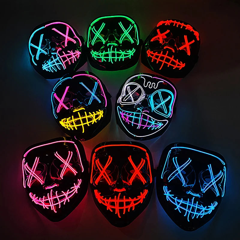 A collection of eight glow-in-the-dark LED purge masks featuring neon wire details and various facial expressions.