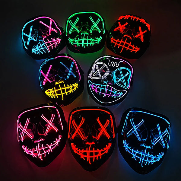 A collection of eight glow-in-the-dark LED purge masks featuring neon wire details and various facial expressions.