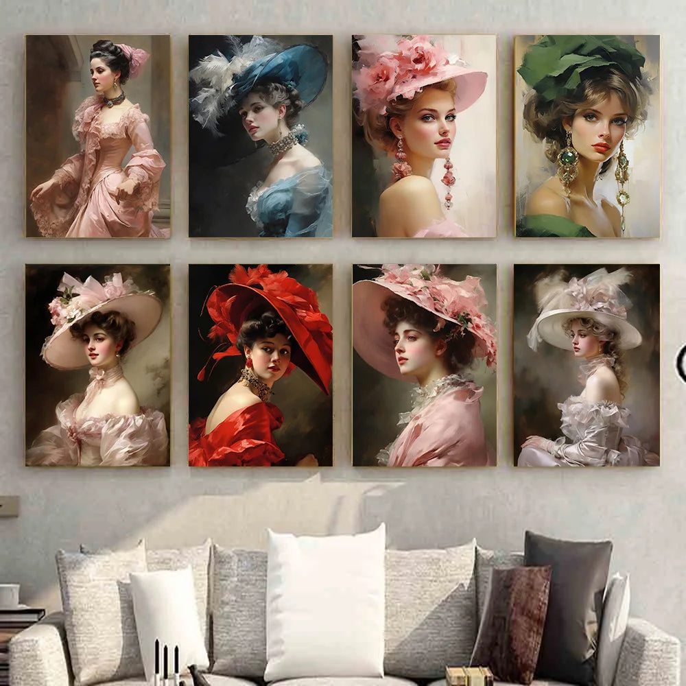 A collection of vintage woman portraits in large hats, featuring soft pinks and greens on canvas prints.