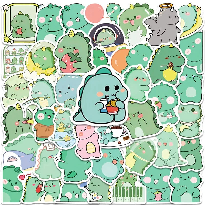 A collection of cute green dinosaur characters in various poses and colors, packaged as a PVC sticker pack.
