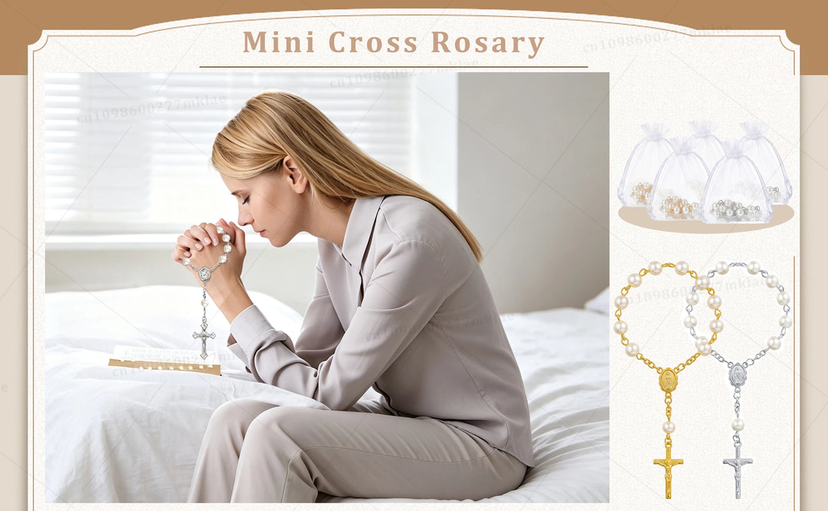 A woman is holding a mini cross rosary while sitting on a bed, with various styles of rosaries displayed nearby.