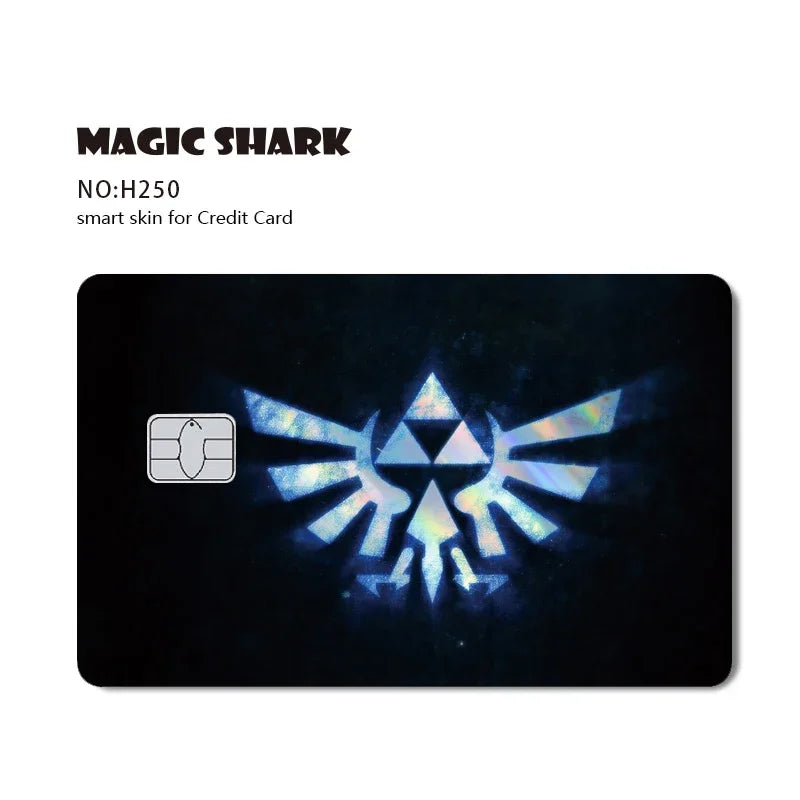 A black card featuring a holographic shark design for a credit card skin.
