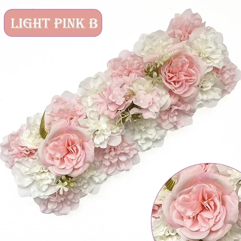 Light pink artificial silk rose flower panel featuring pink and white blossoms for weddings and events