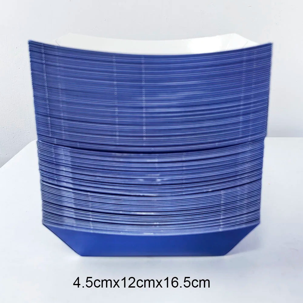 A stack of blue disposable paper food trays for parties and events.