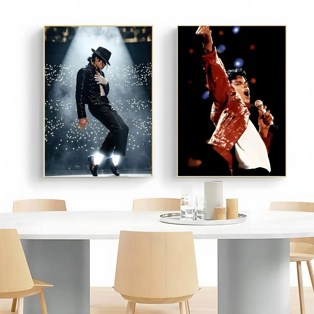 Gerahmtes Posterbild einer Darbietung von Michael Jackson auf dunklem Hintergrund.