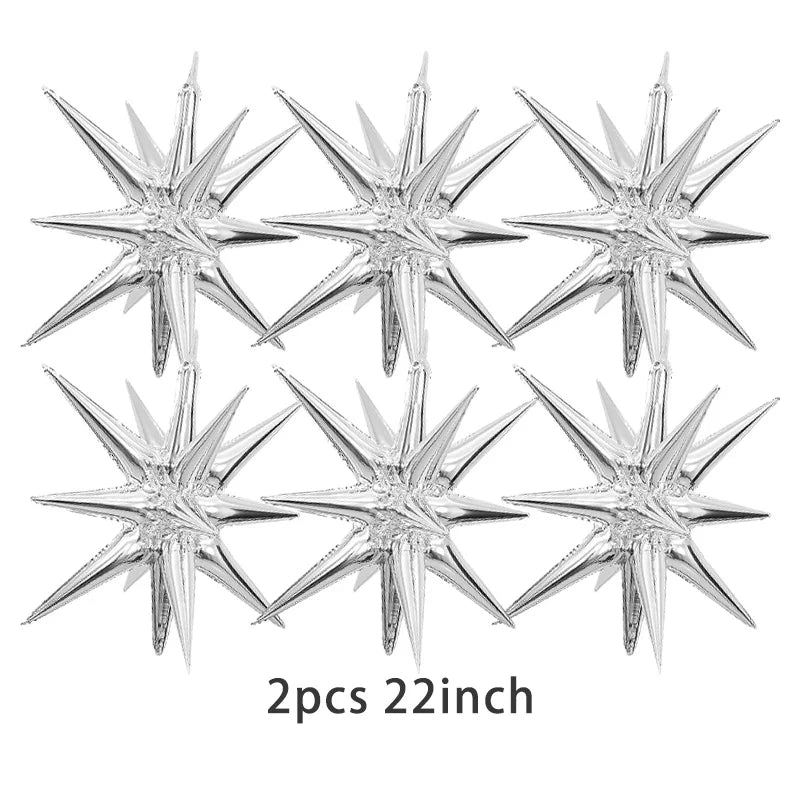 Two metallic silver star-shaped balloons, 22 inches each, for a disco ball set.