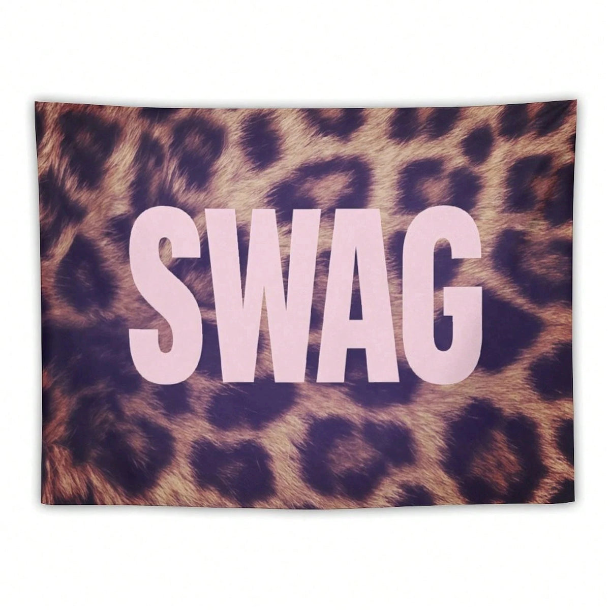 Tapestry with leopard print background and the word SWAG in light pink text.