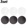 A set of three round acrylic fridge magnets in white and dark gray colors.