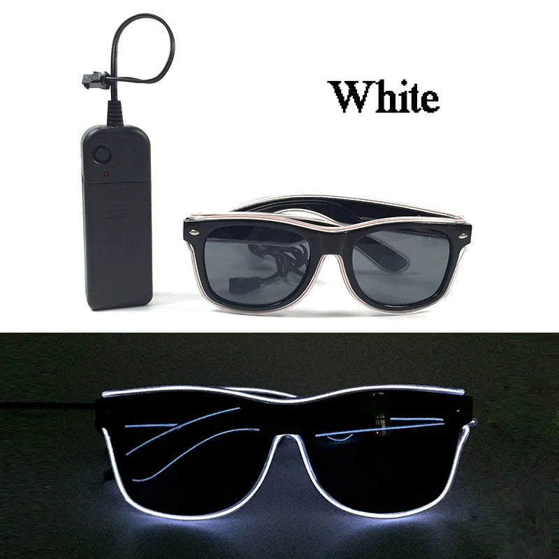 White light up EL wire party sunglasses shown in a pair and with the power device