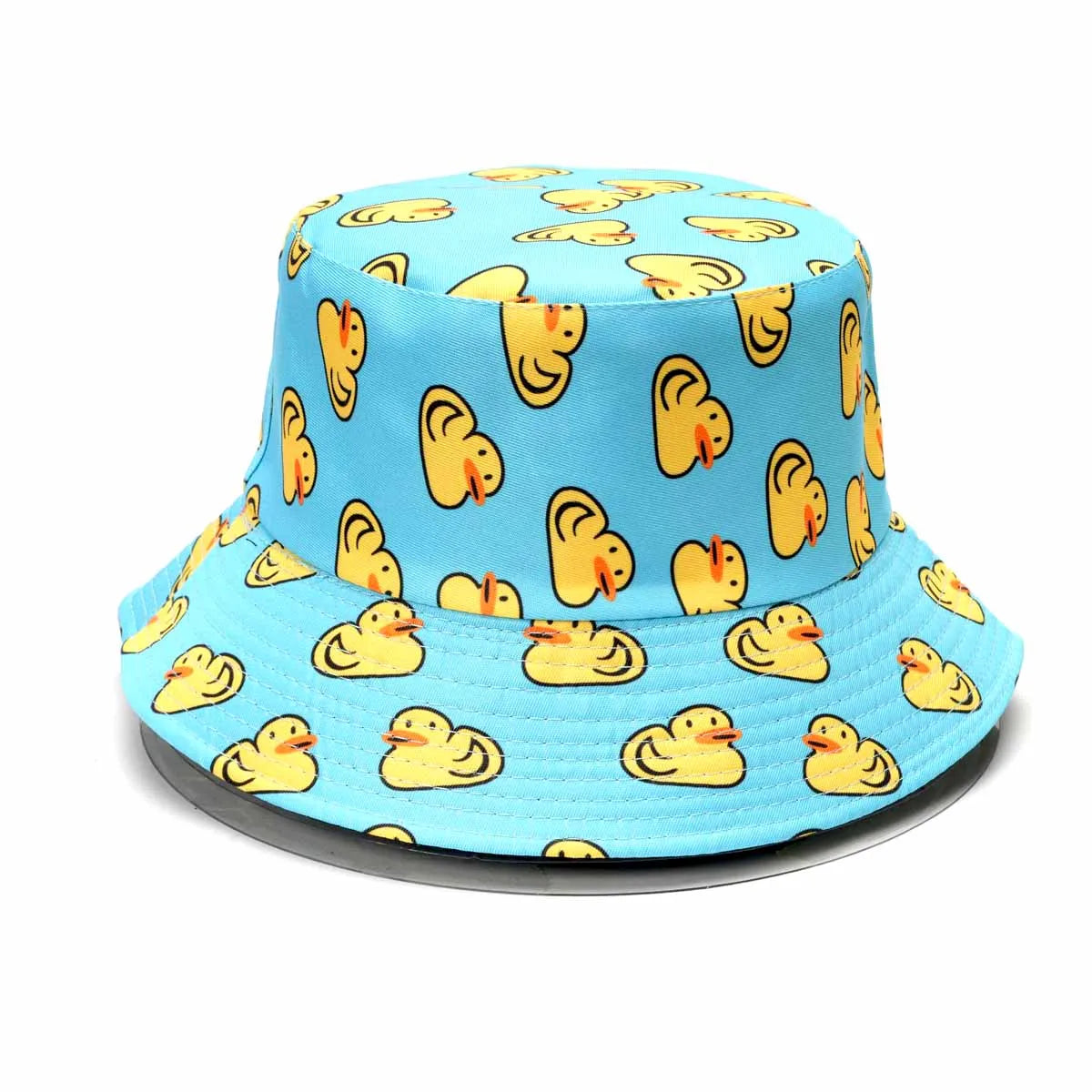 Light blue bucket hat with a reversible duck print pattern.