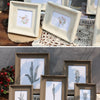 A collection of vintage resin photo frames in light wood and white displaying botanical prints on a rustic wooden surface.