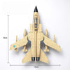 A model of a Panavia Tornado fighter jet built from light tan building blocks, shown in a spread-out view.