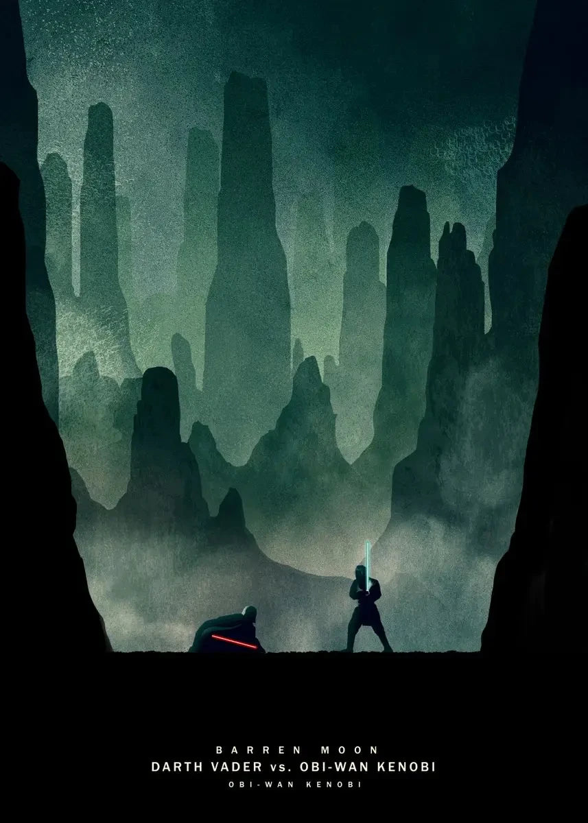 Pintura oscura y melancólica de un paisaje con formaciones rocosas dentadas y una figura sosteniendo una espada brillante.