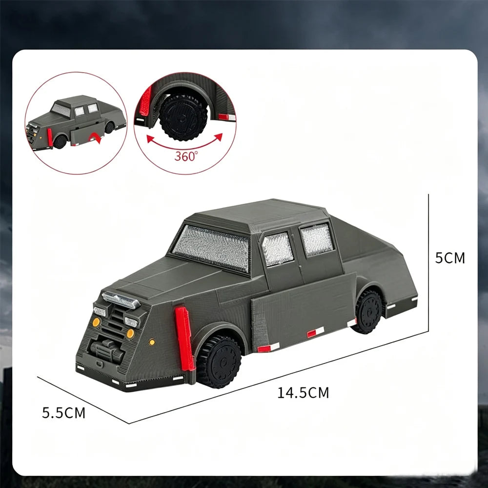 A gray armored car model with a turret and wheels is shown alongside its 360-degree view and dimensions.