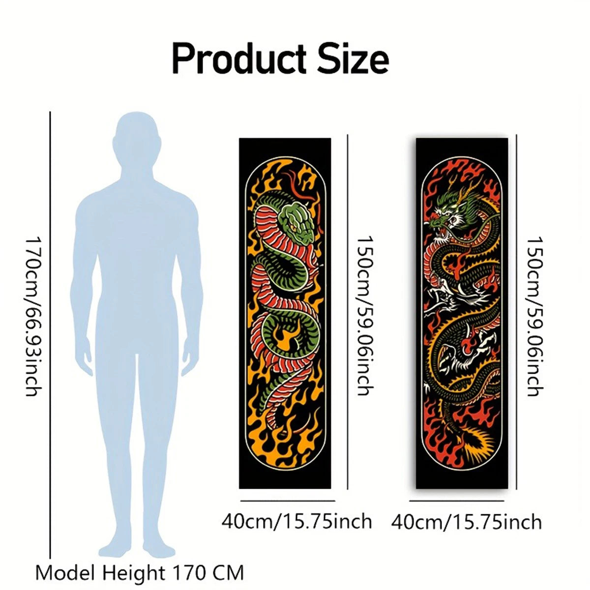 Vertical tapestry wall hanging featuring a black flame serpent design on a black background